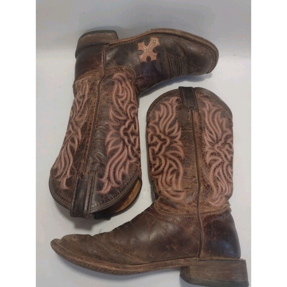Tony Lama Brown & Pink Western Square Toe Boots Cross Inlay USA Women's Size 6B - Picture 13 of 16